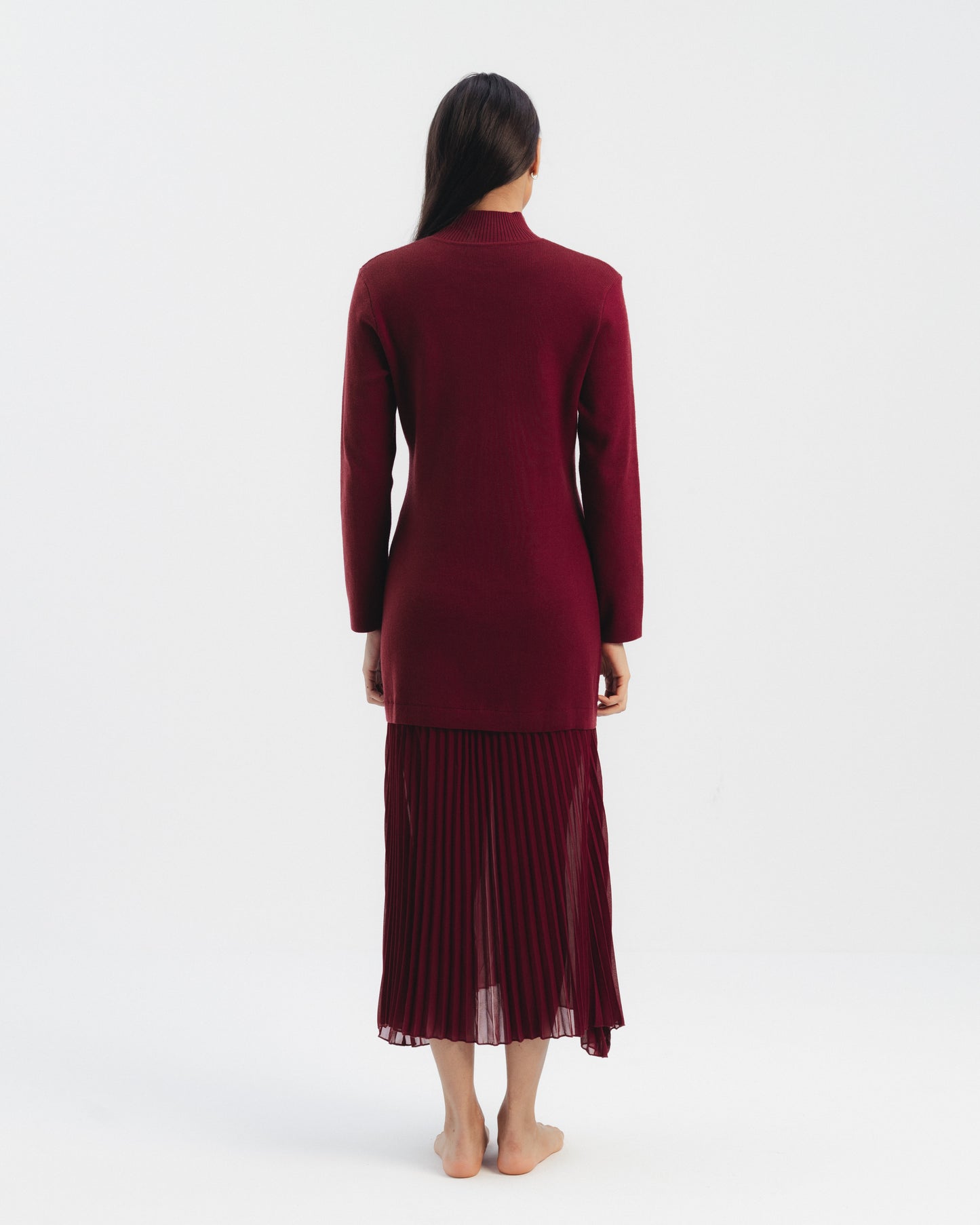 High Neck Knit Dress with Pleated Hem