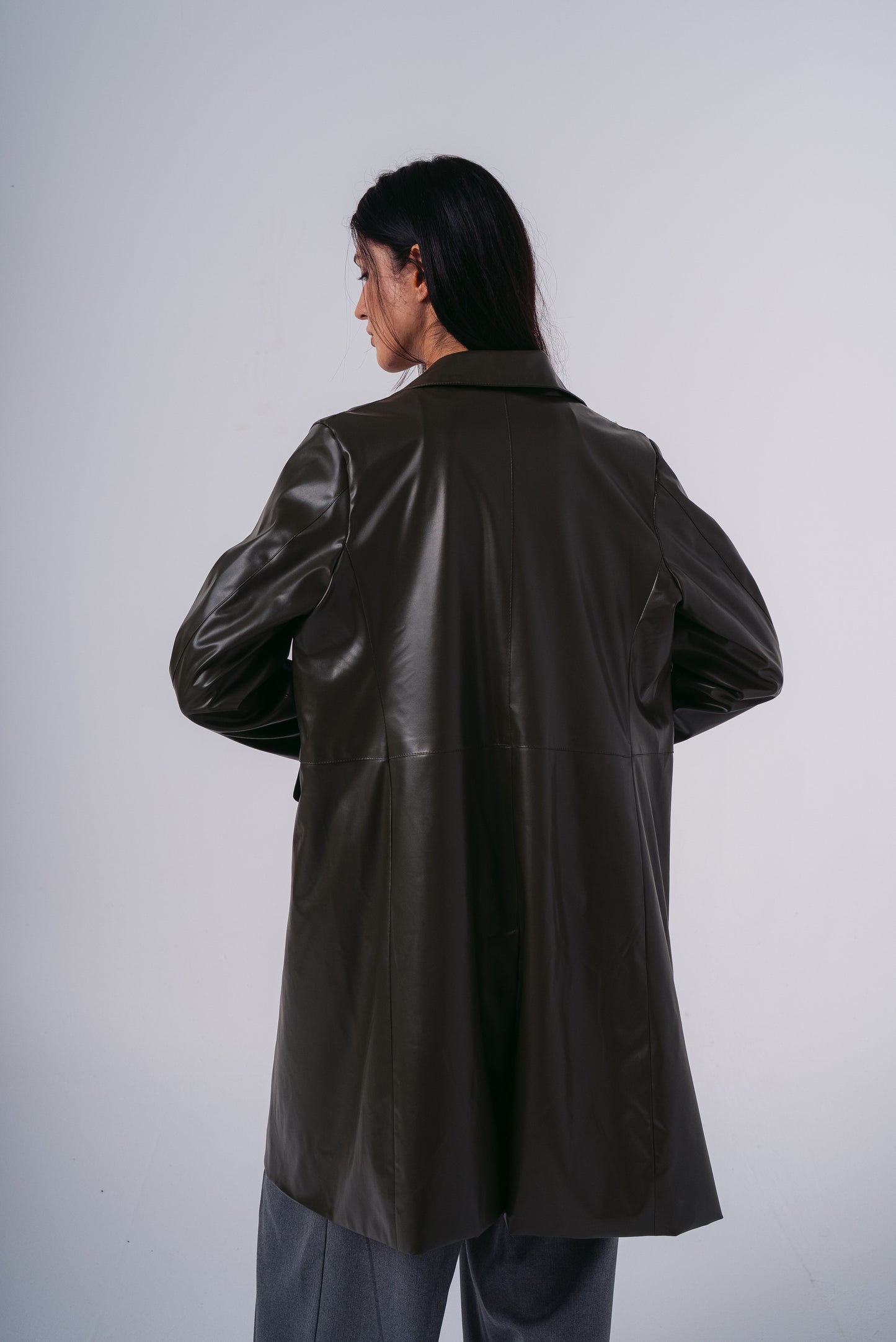 Leather Coat in Olive