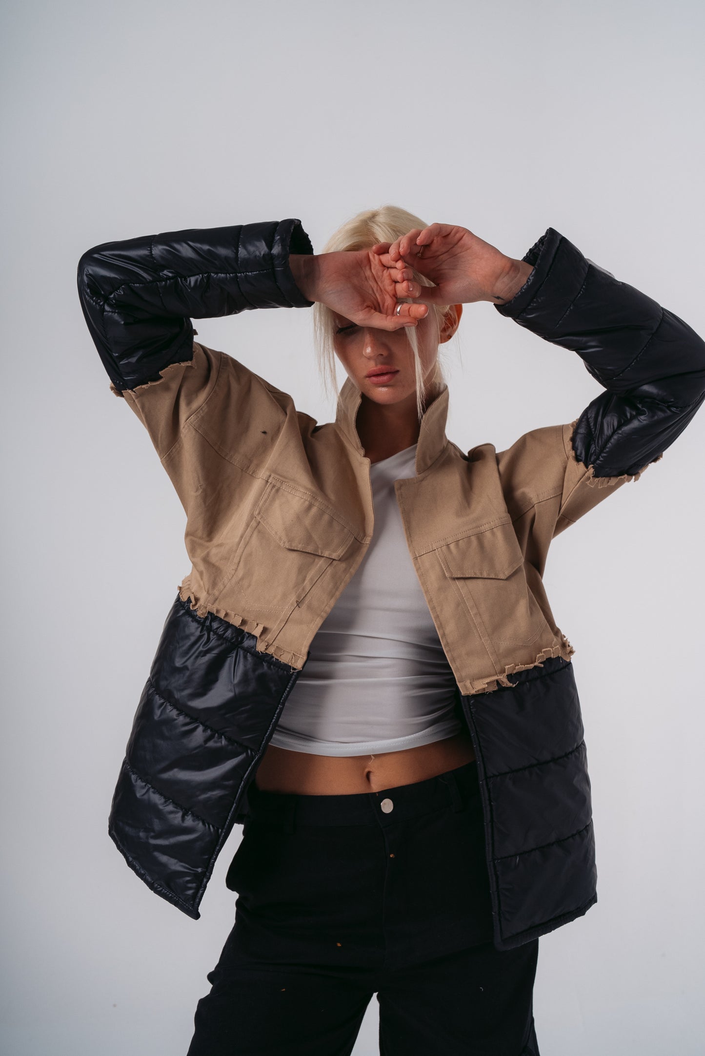 Puffer Cargo Jacket in Beige
