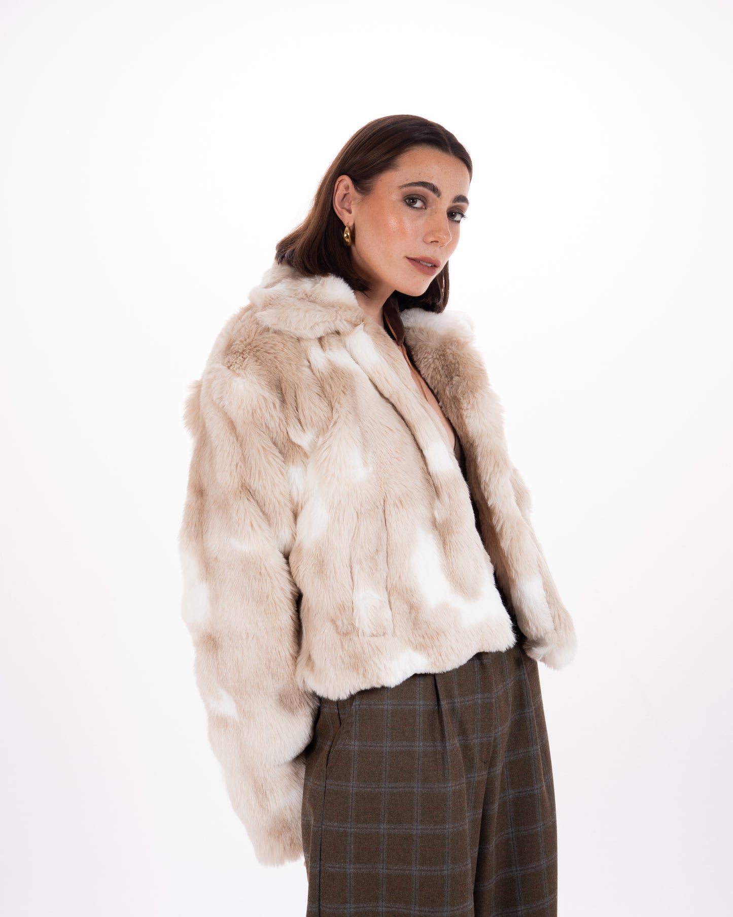Short Faux Fur Jacket in Beige