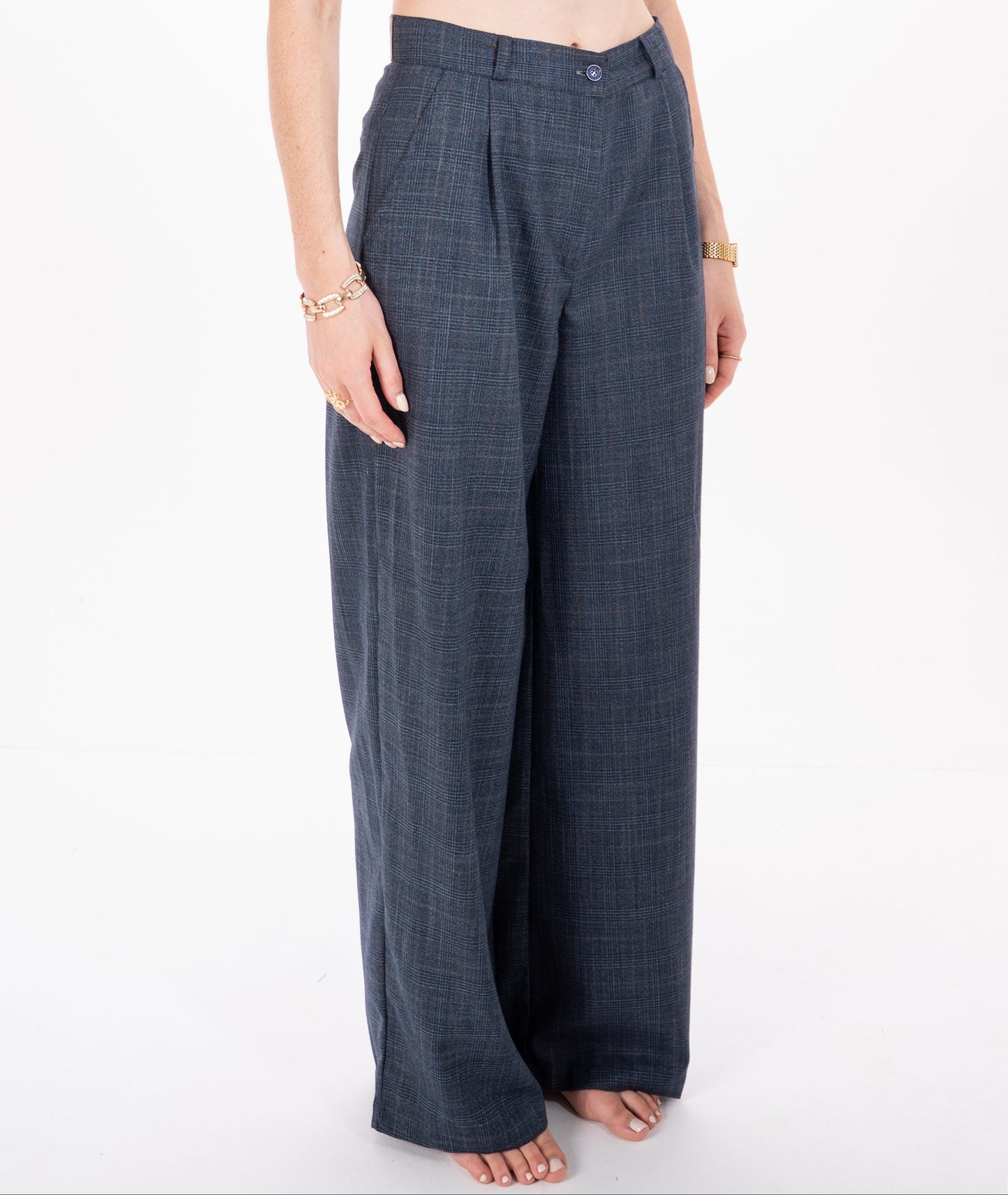 Checked Straight Fit Pants in Navy Blue