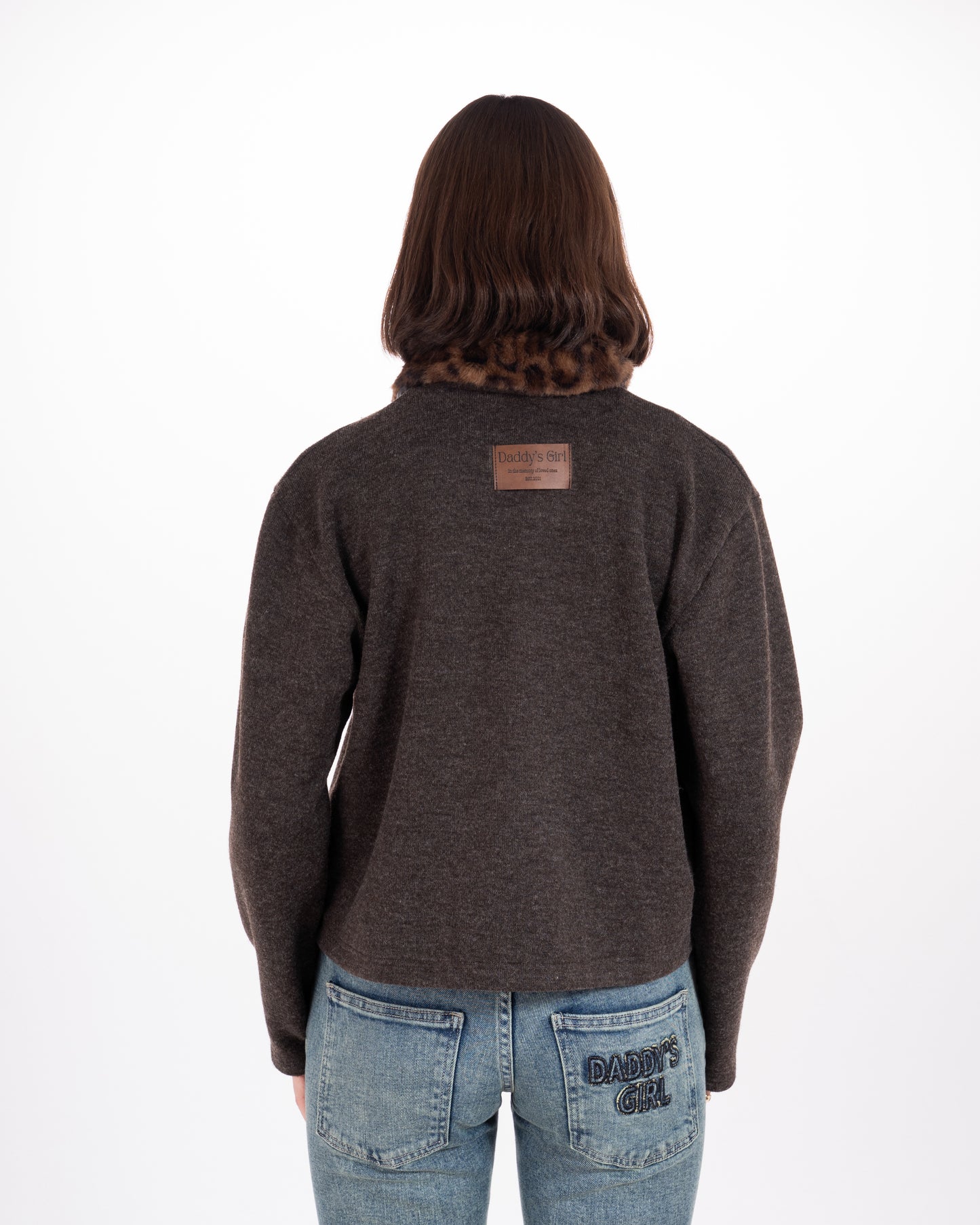 Leopard Print Collar Knit Cardigan in Brown