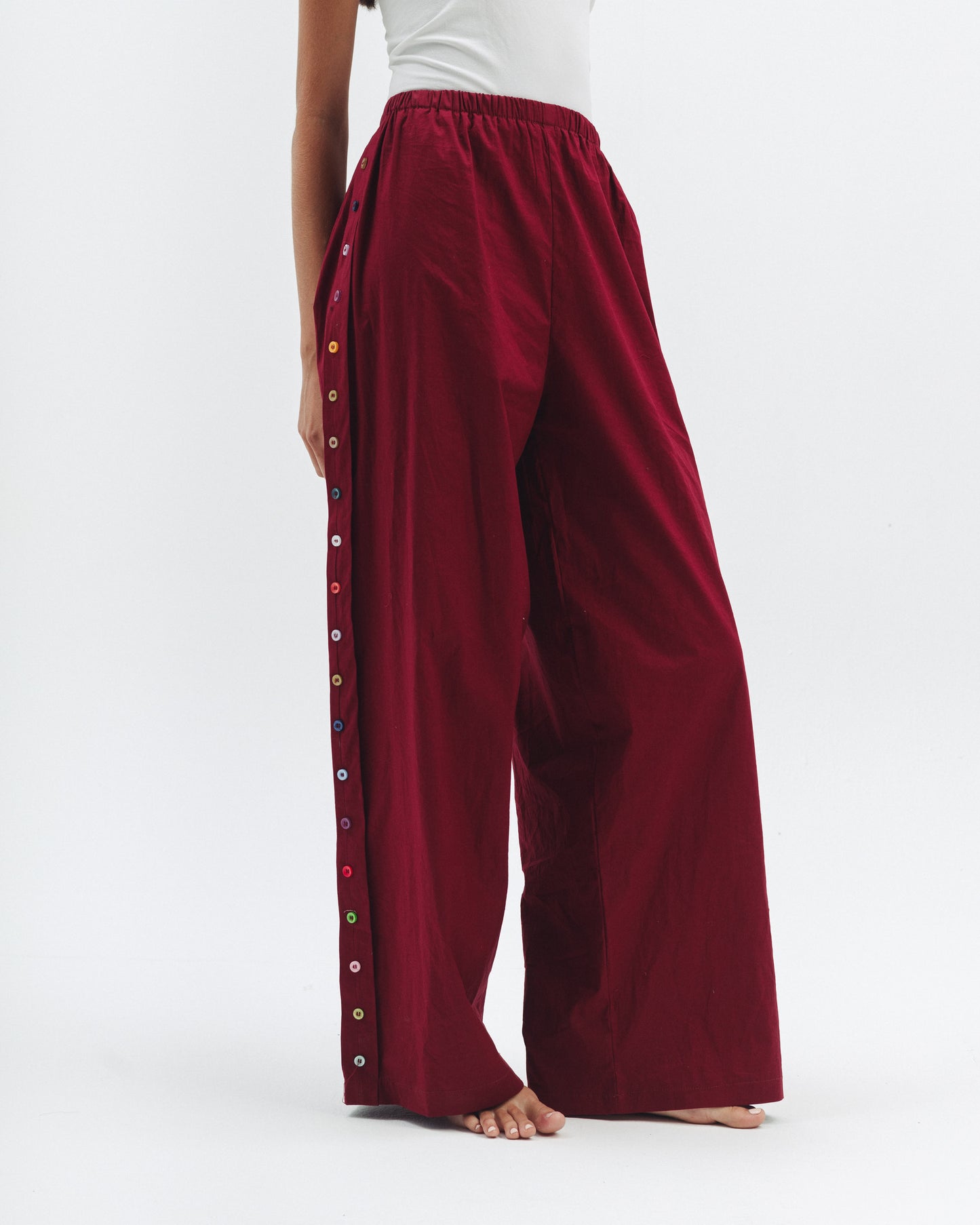 Button Detail Wide-Leg Trousers in Burgundy
