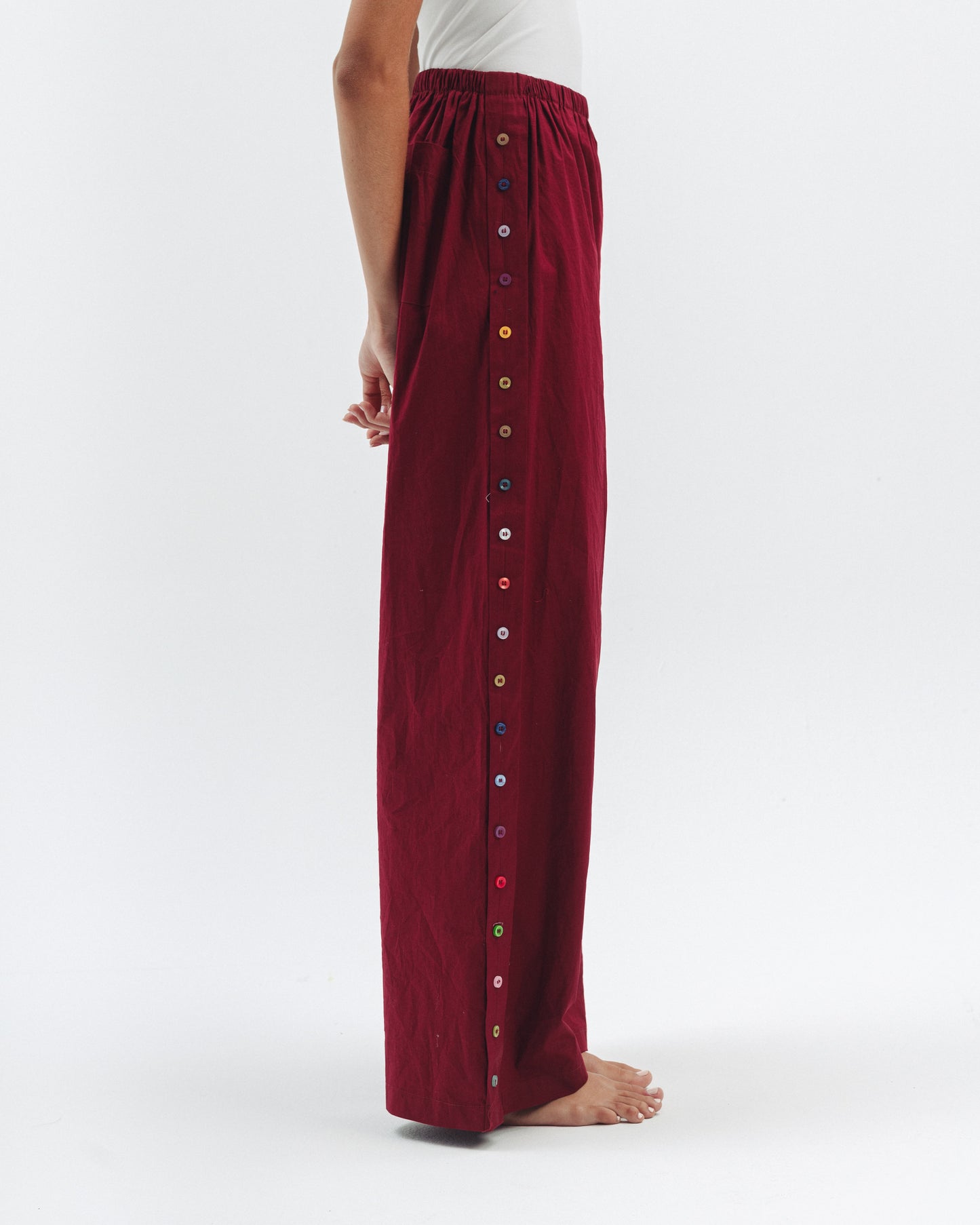 Button Detail Wide-Leg Trousers in Burgundy