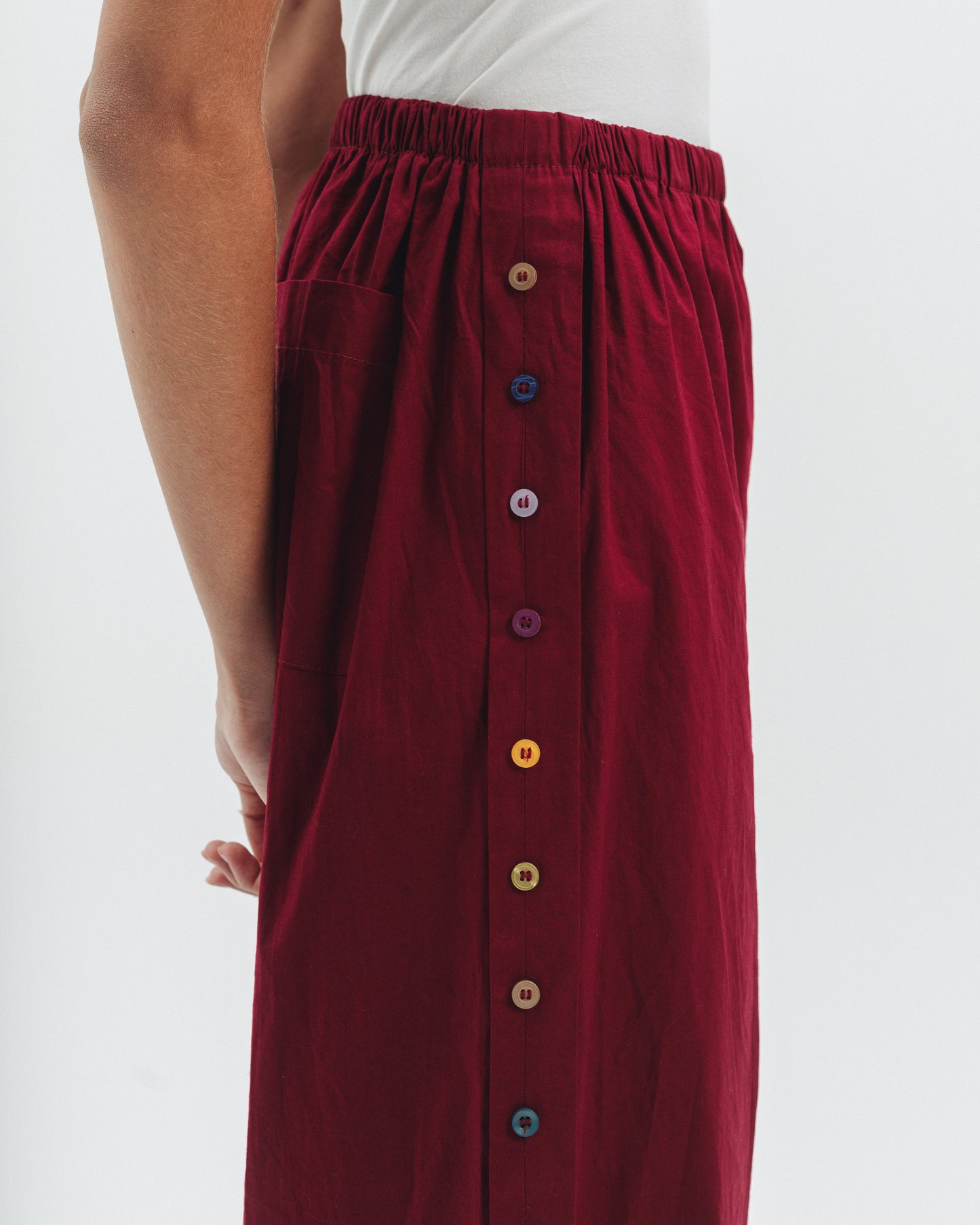 Button Detail Wide-Leg Trousers in Burgundy