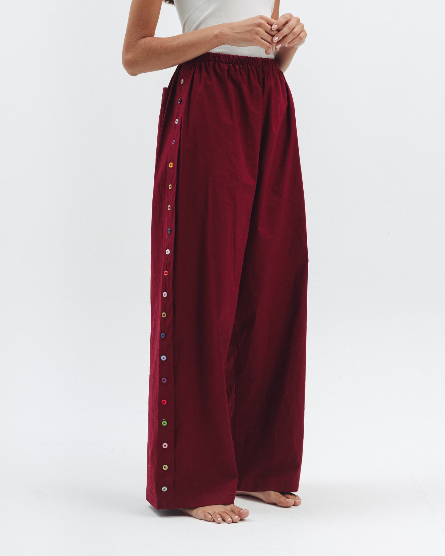 Button Detail Wide-Leg Trousers in Burgundy
