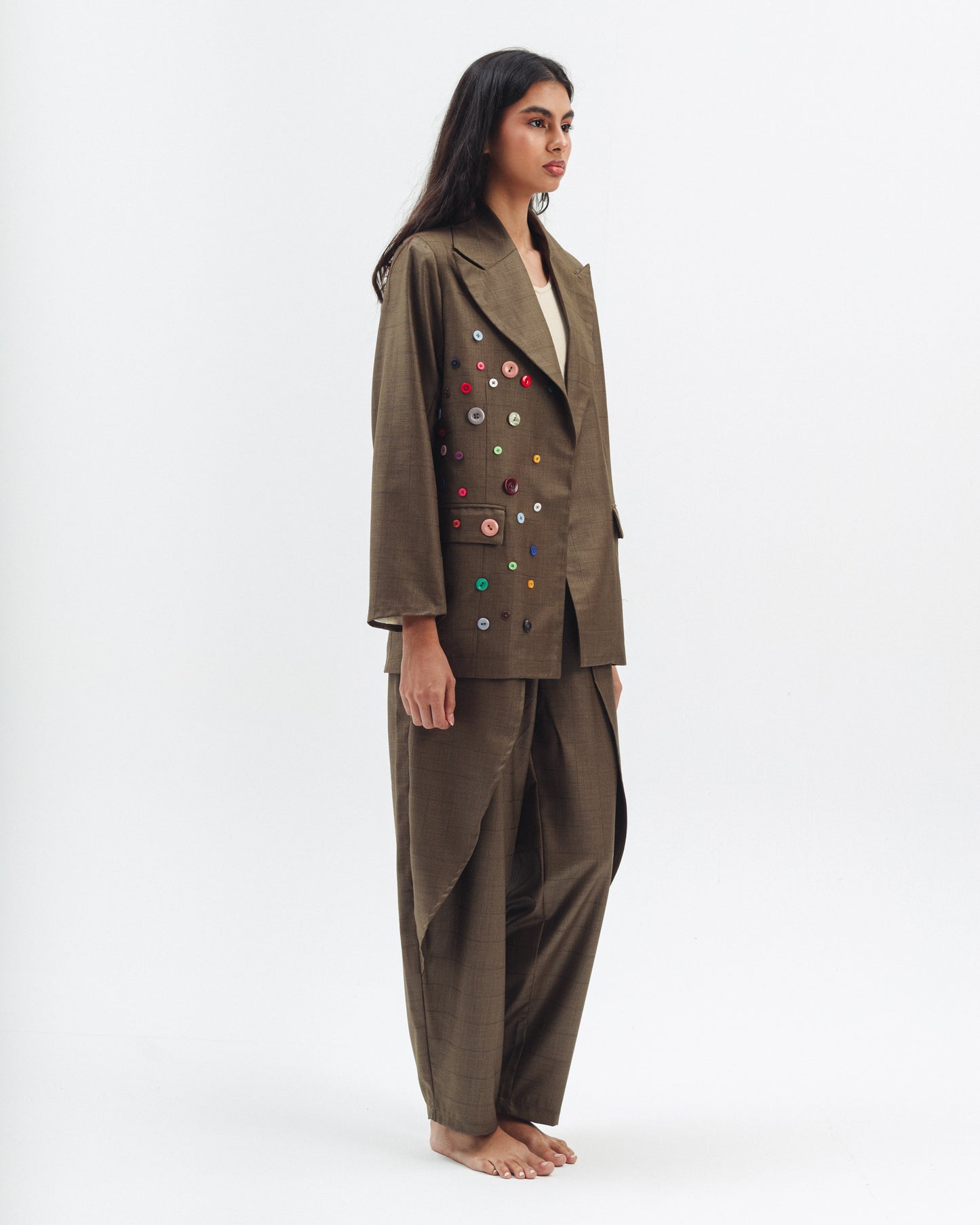 Linen Blend Blazer With Decorative Buttons in Olive