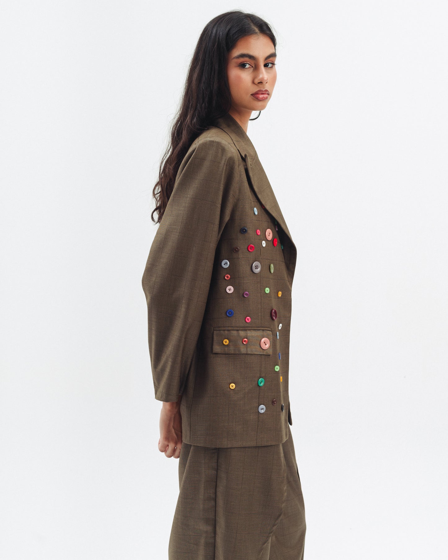 Linen Blend Blazer With Decorative Buttons in Olive