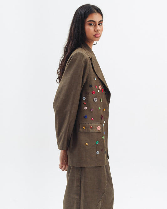 Linen Blend Blazer With Decorative Buttons in Olive