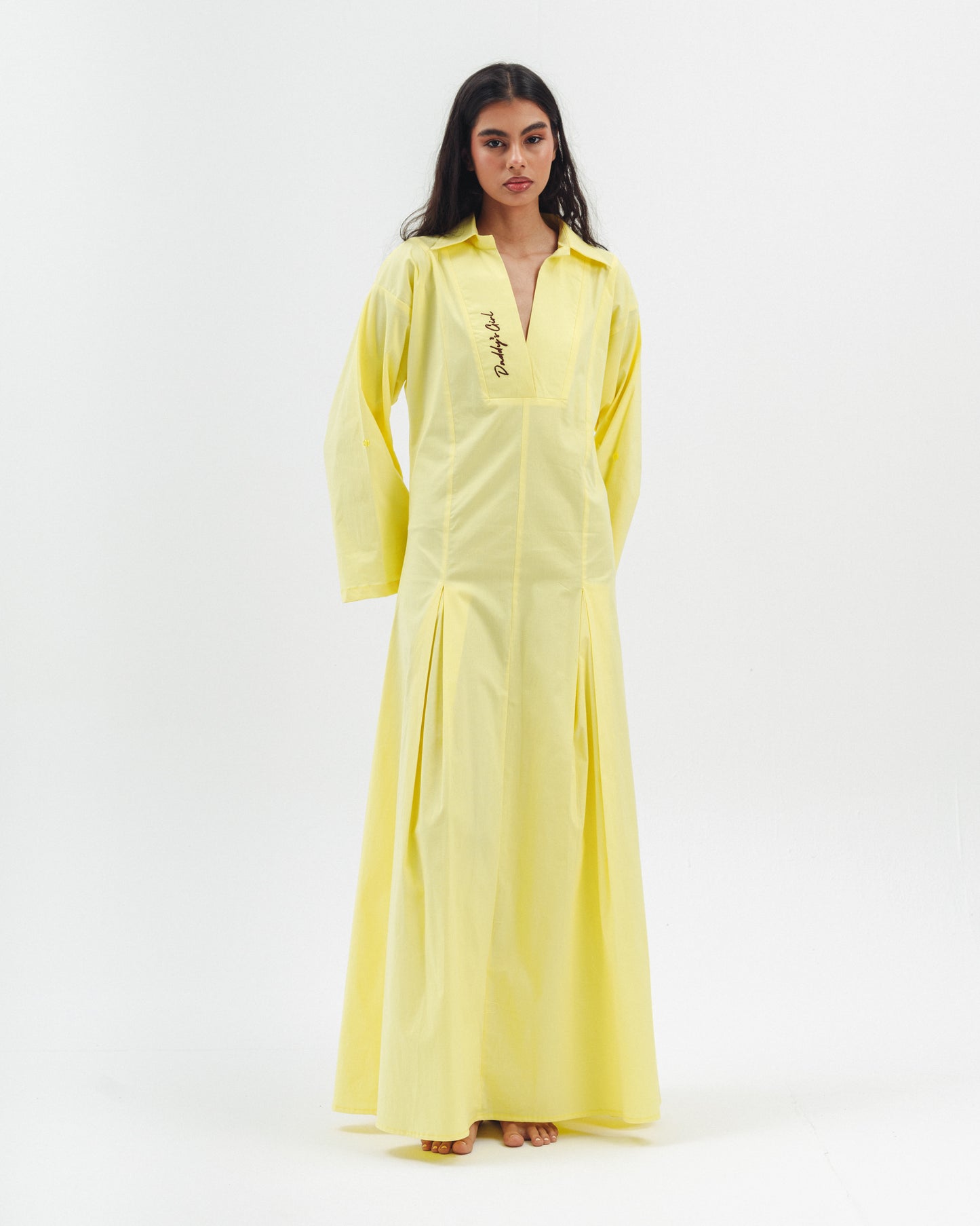 Embroidered Poplin Maxi Dress in Yellow