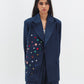 Linen Blend Blazer With Decorative Buttons in Navy Blue
