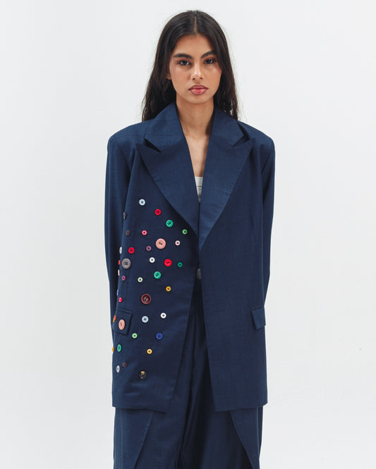 Linen Blend Blazer With Decorative Buttons in Navy Blue