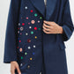 Linen Blend Blazer With Decorative Buttons in Navy Blue