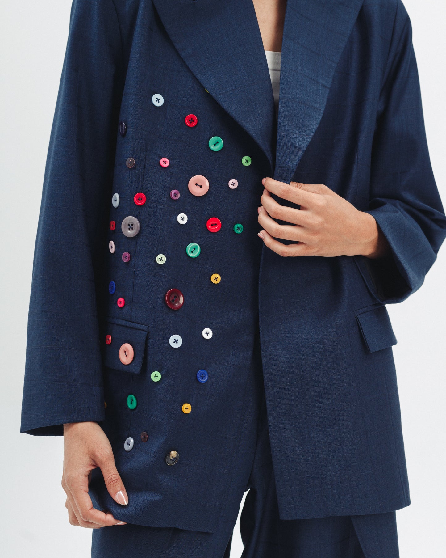 Linen Blend Blazer With Decorative Buttons in Navy Blue