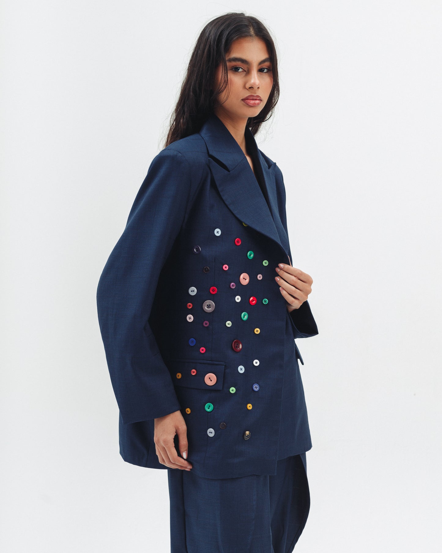 Linen Blend Blazer With Decorative Buttons in Navy Blue