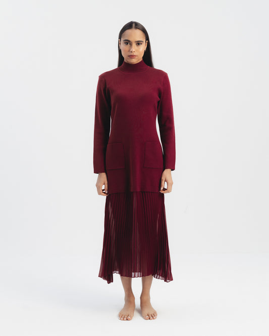 High Neck Knit Dress with Pleated Hem