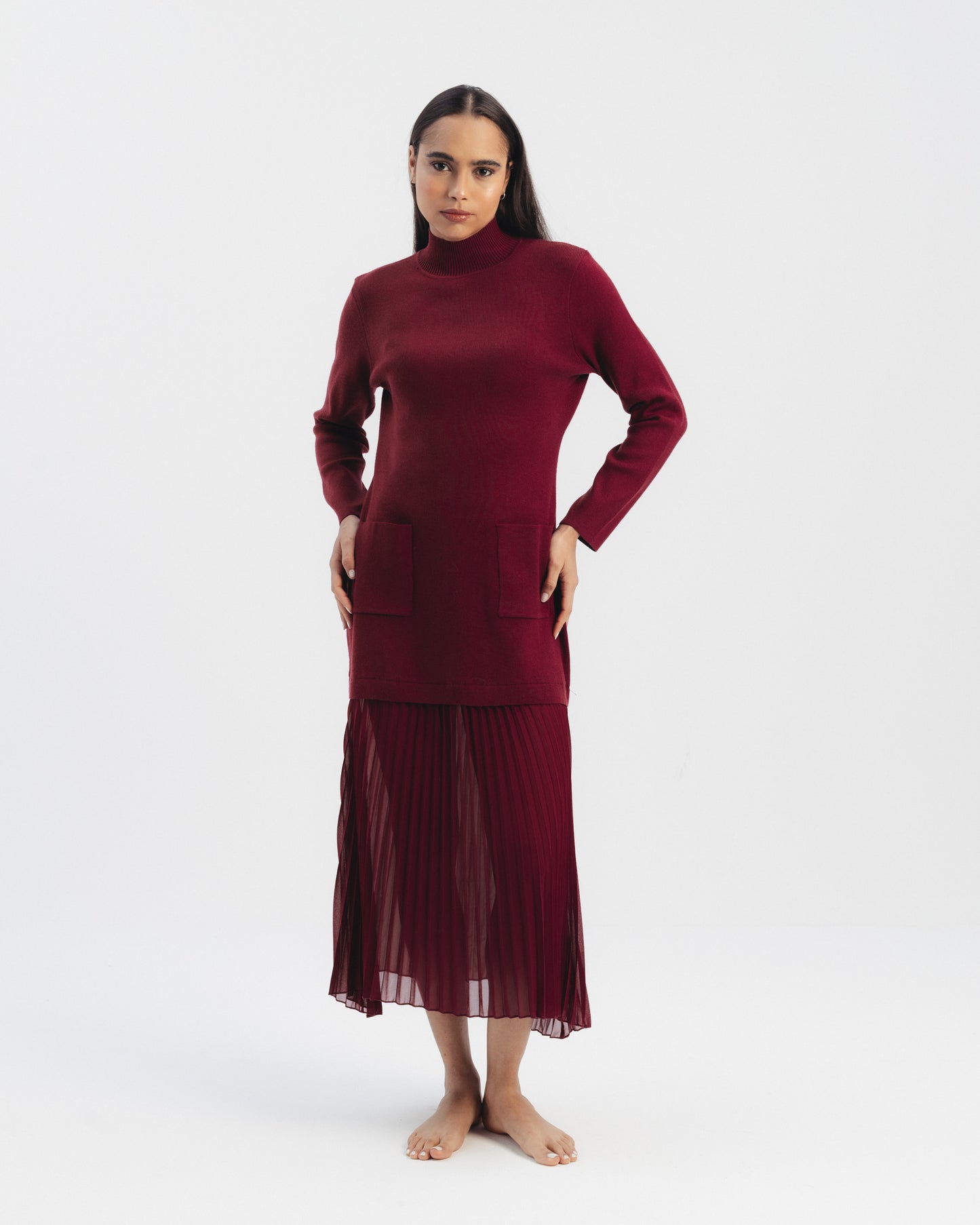 High Neck Knit Dress with Pleated Hem