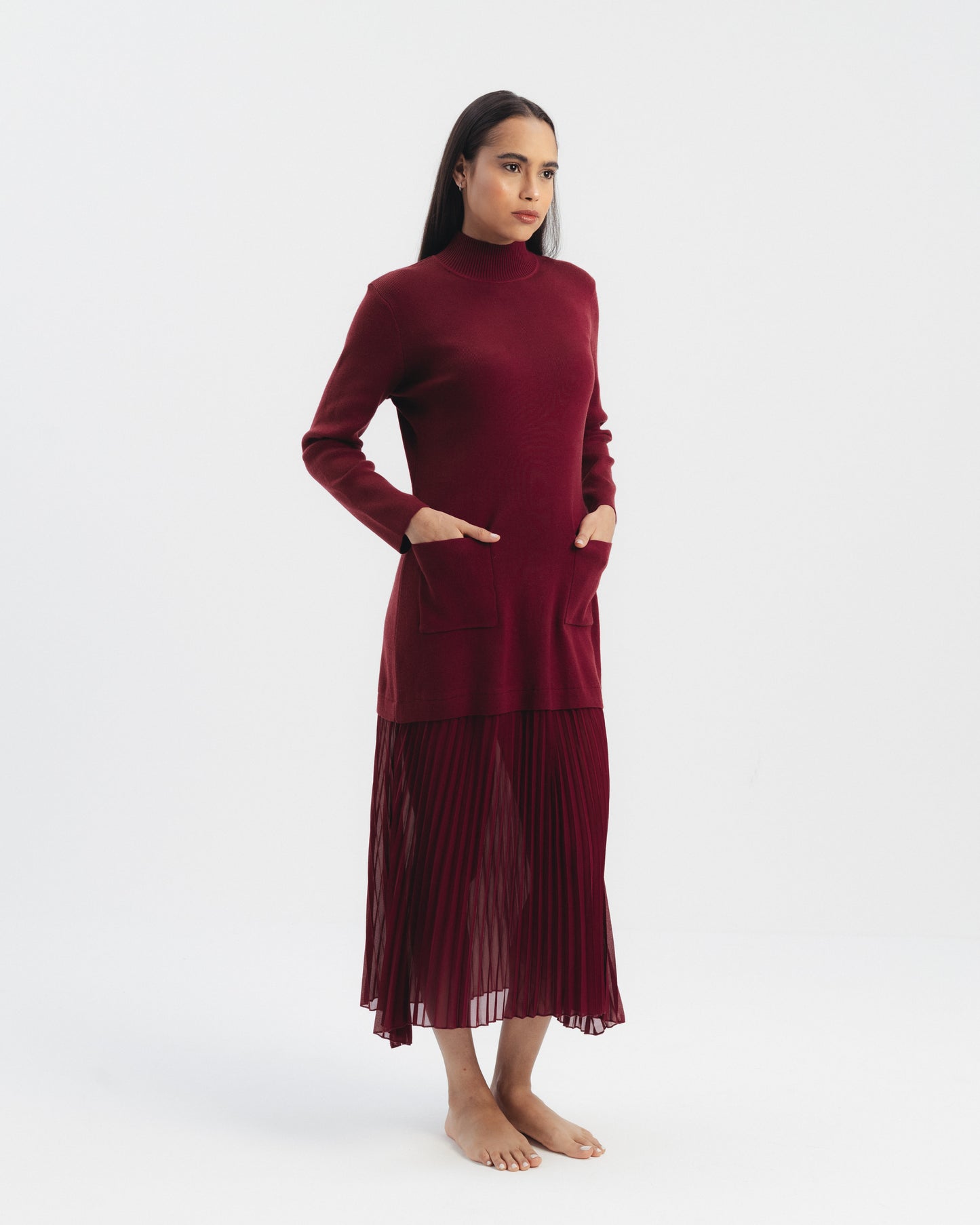 High Neck Knit Dress with Pleated Hem