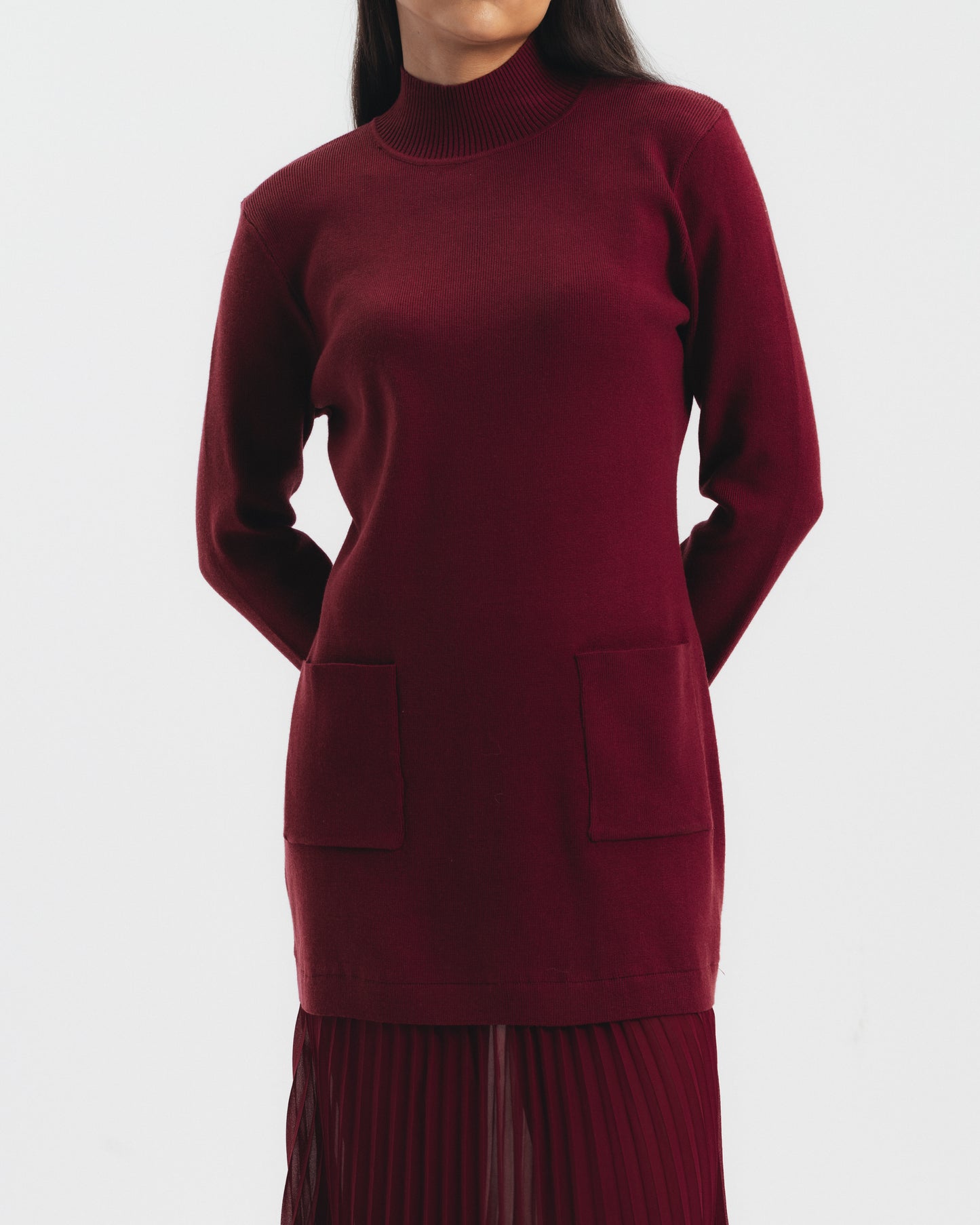 High Neck Knit Dress with Pleated Hem