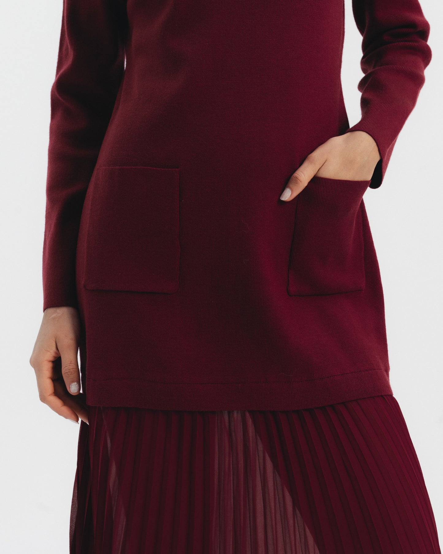 High Neck Knit Dress with Pleated Hem