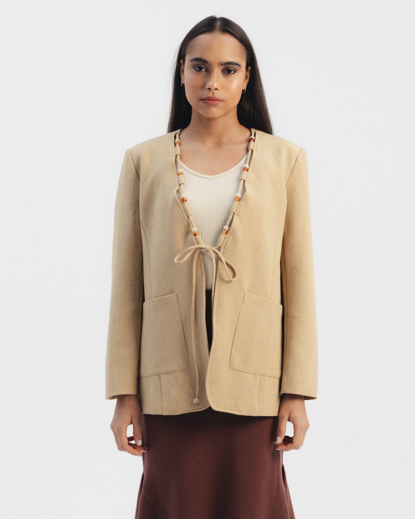 Beaded Detail Linen Blazer