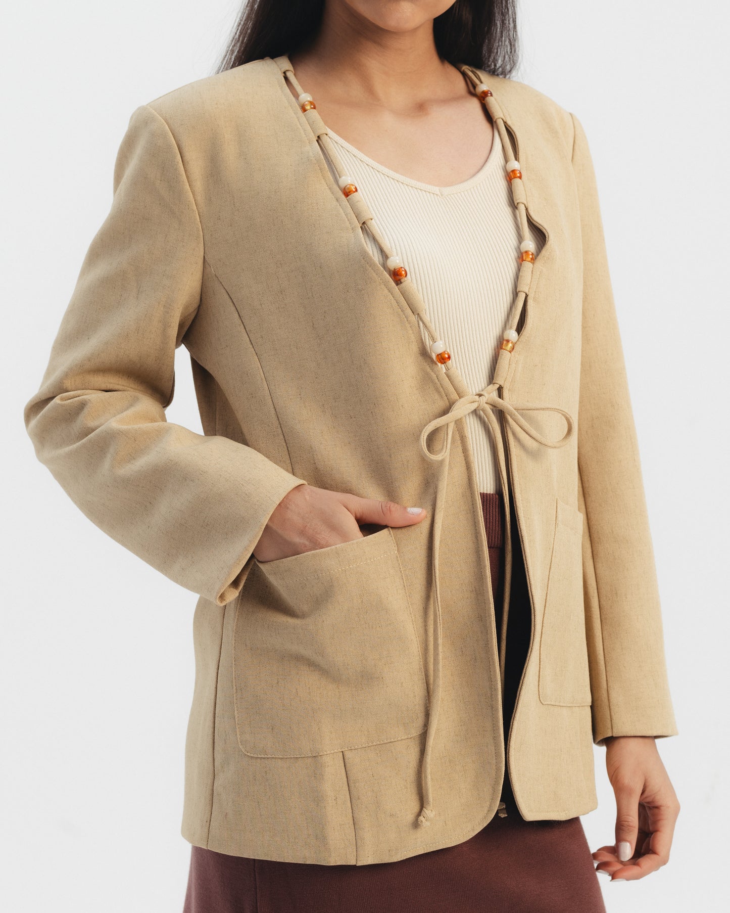 Beaded Detail Linen Blazer