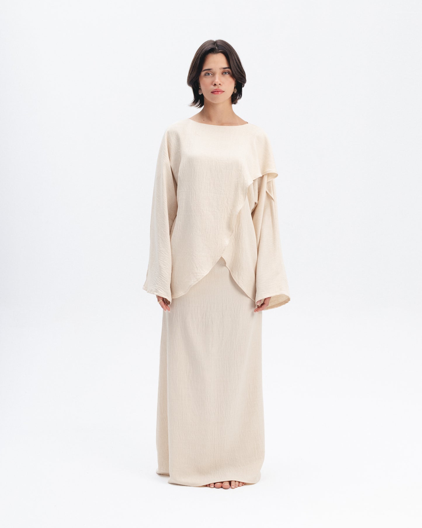 Asymmetric Linen-Blend Top in Beige