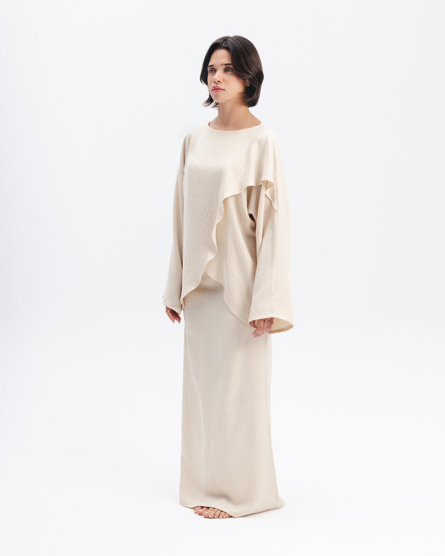 Asymmetric Linen-Blend Top in Beige