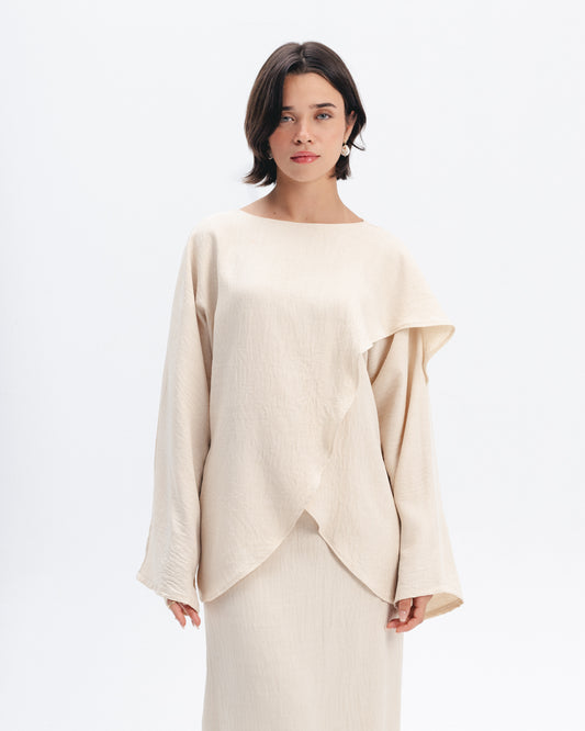 Asymmetric Linen-Blend Top in Beige