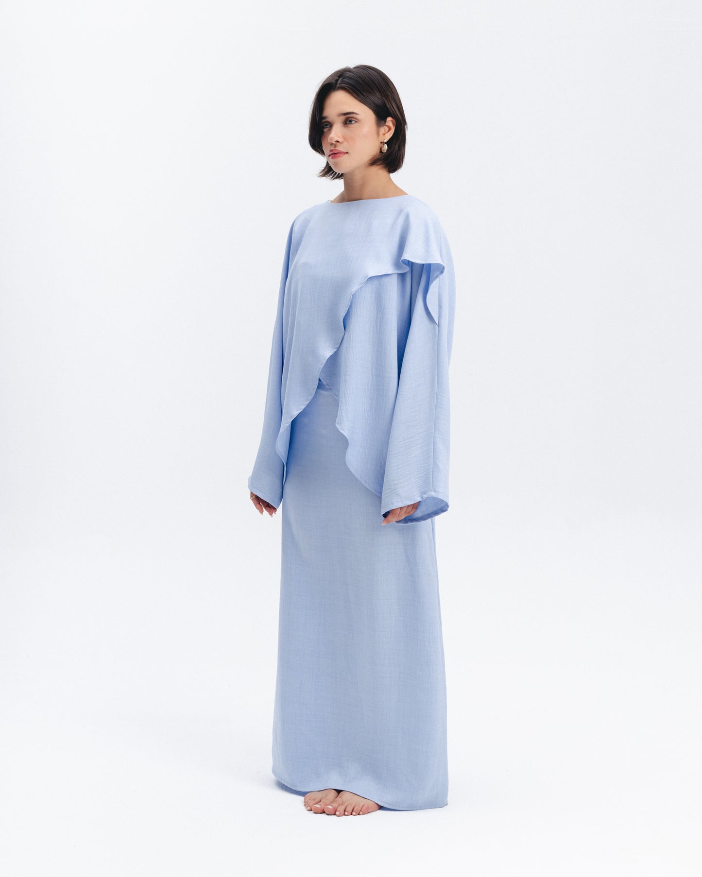 Asymmetric Linen-Blend Top in Baby Blue