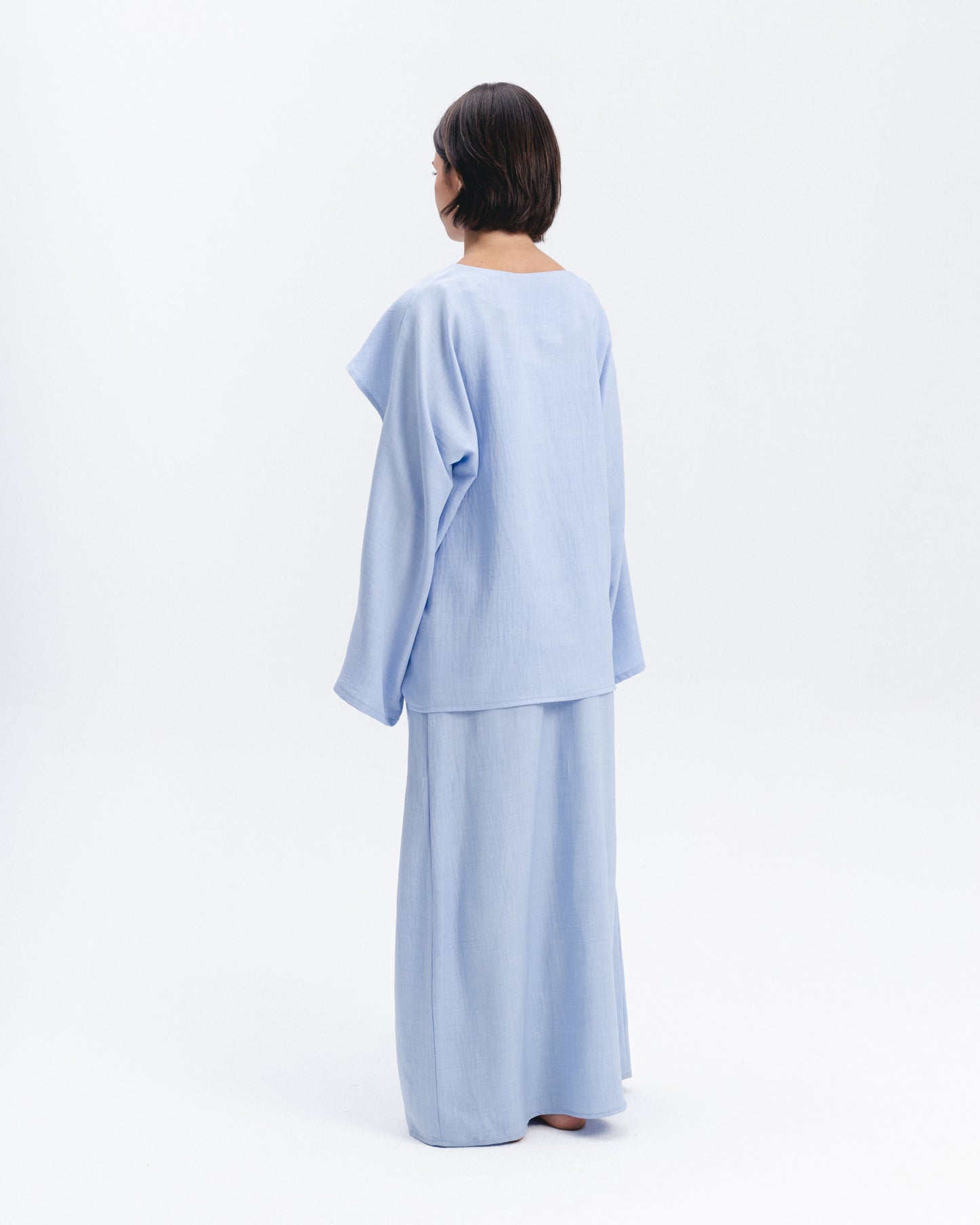 Asymmetric Linen-Blend Top in Baby Blue