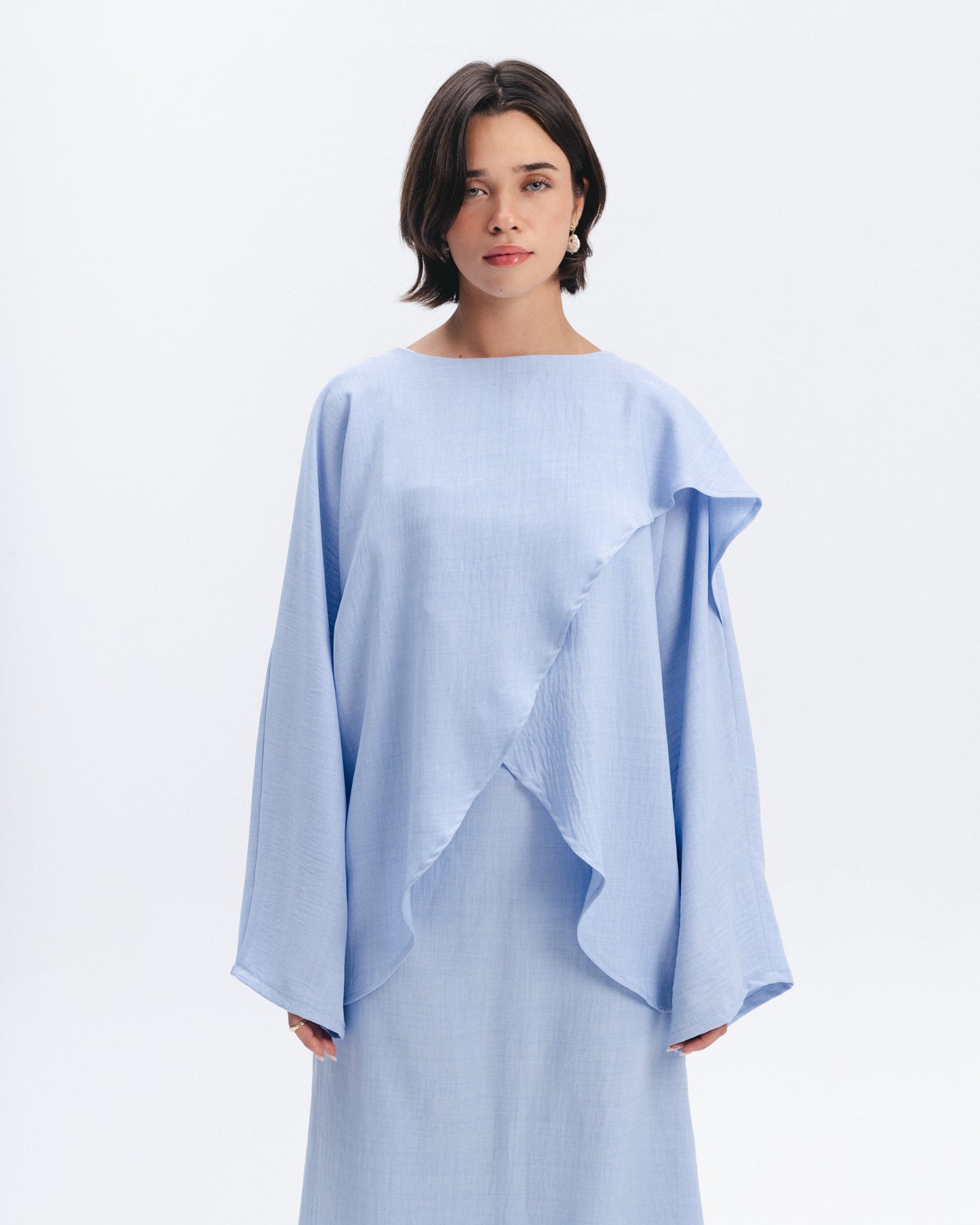 Asymmetric Linen-Blend Top in Baby Blue