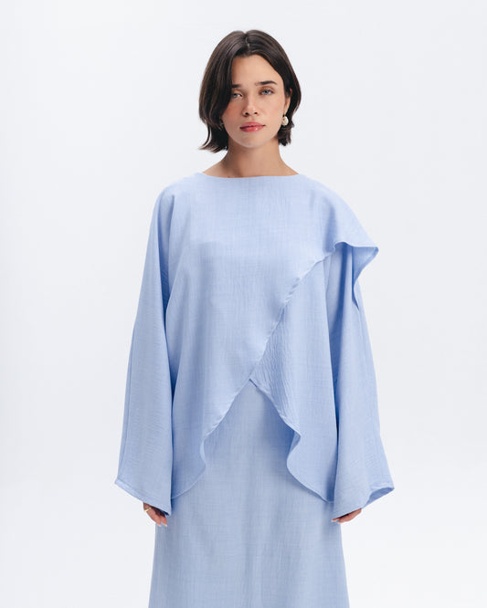 Asymmetric Linen-Blend Top in Baby Blue