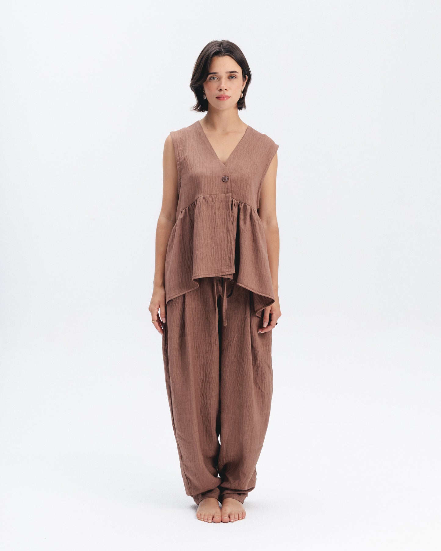 Sleeveless Linen-Blend Top in Brown