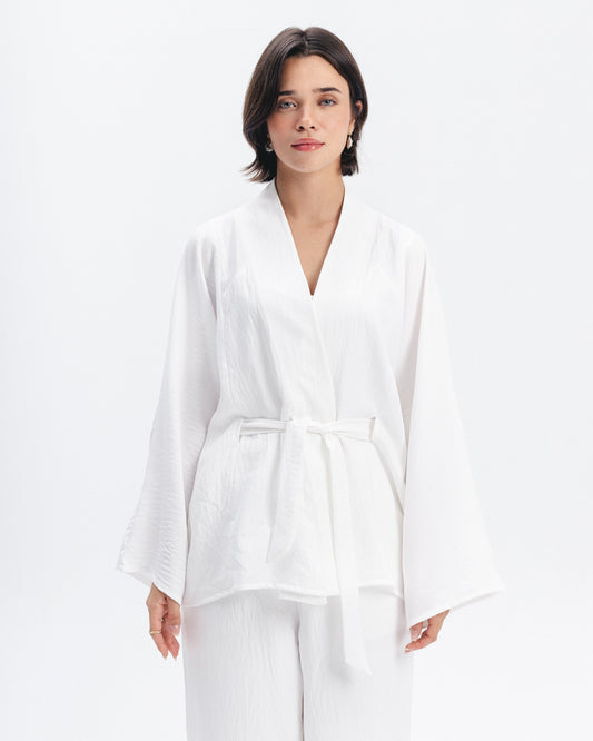 Linen-Blend Wrap Top in White