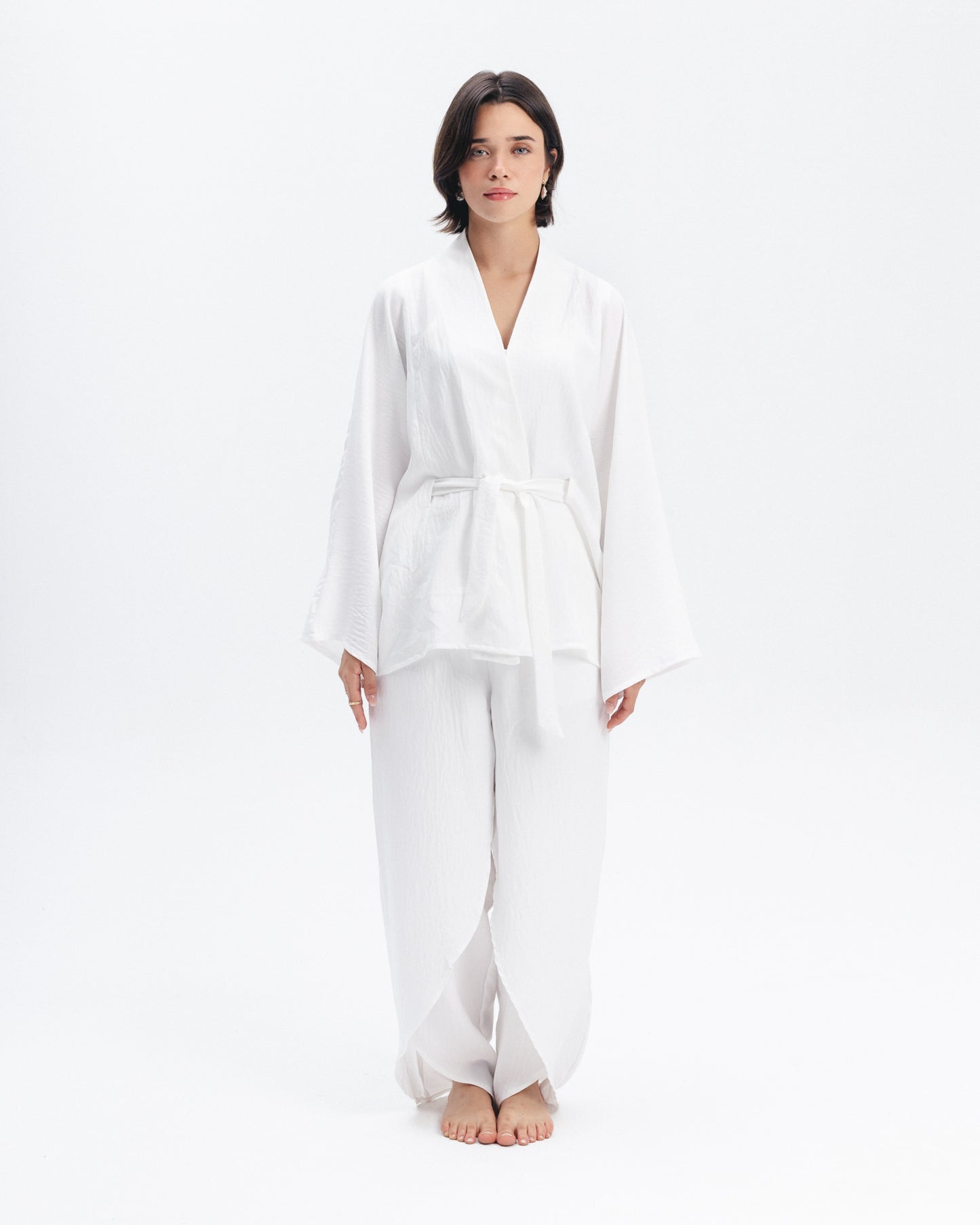 Linen-Blend Wrap Top in White