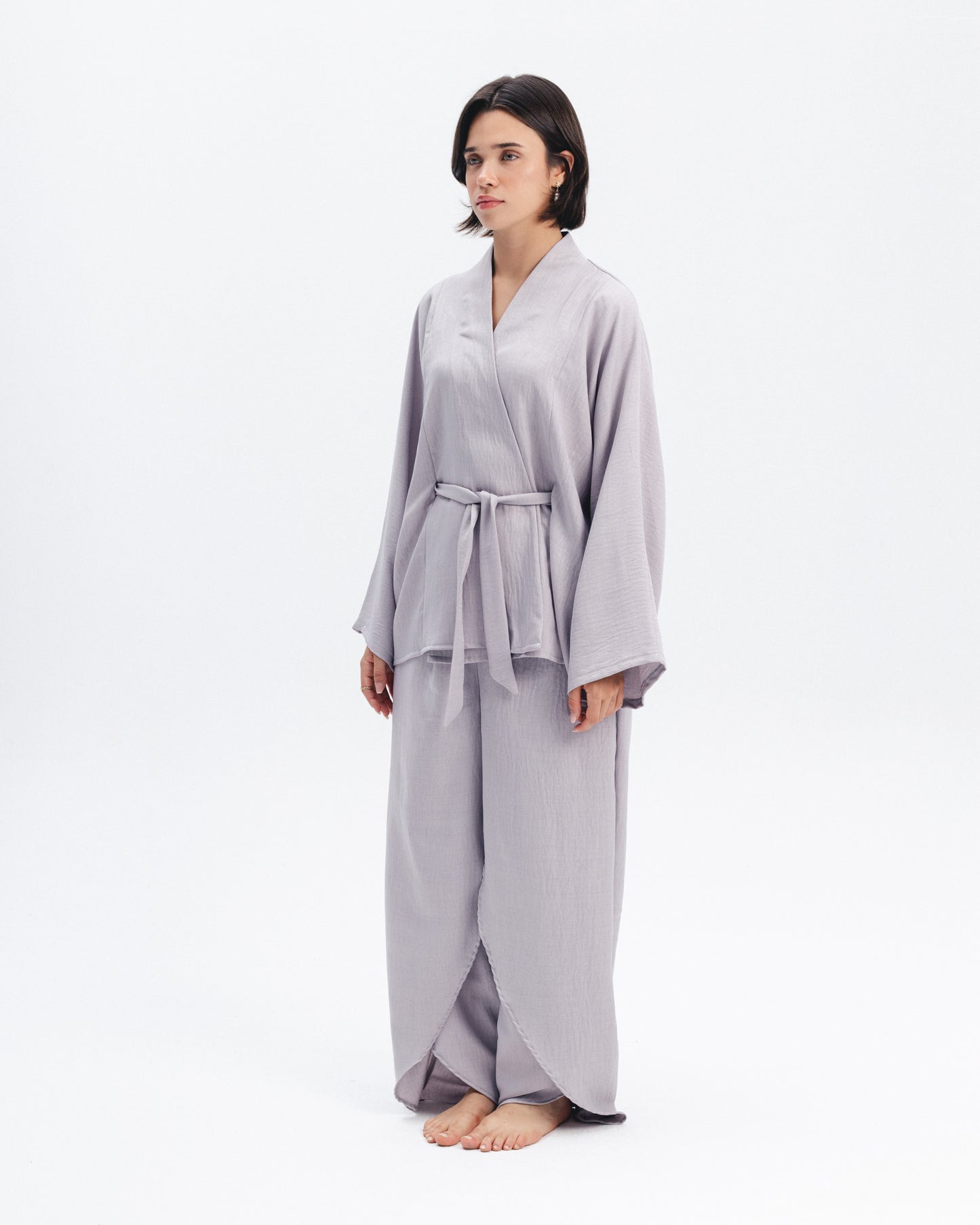 Linen-Blend Wrap Top in Grey