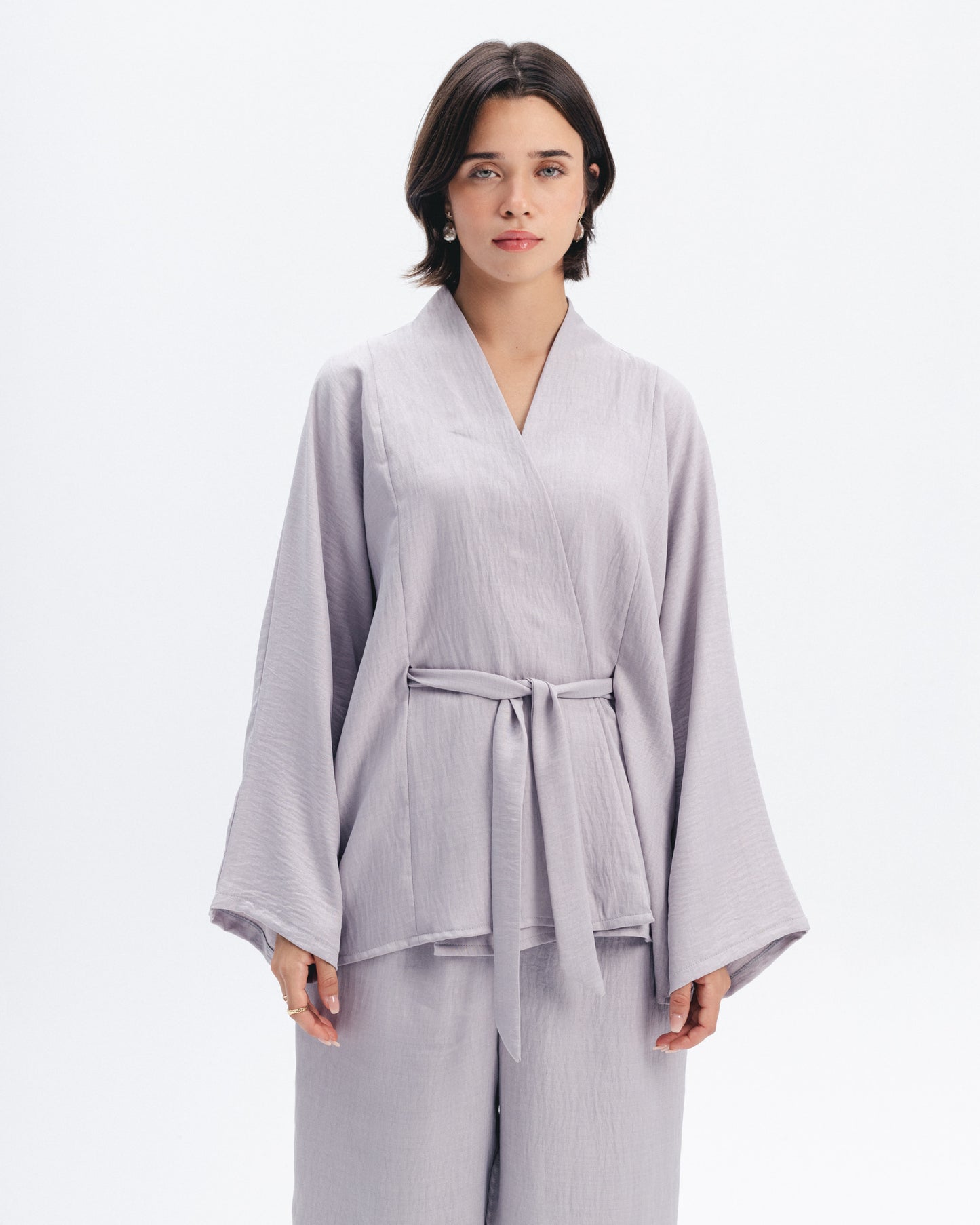 Linen-Blend Wrap Top in Grey