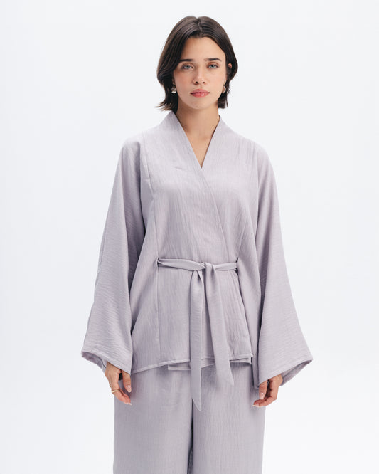 Linen-Blend Wrap Top in Grey