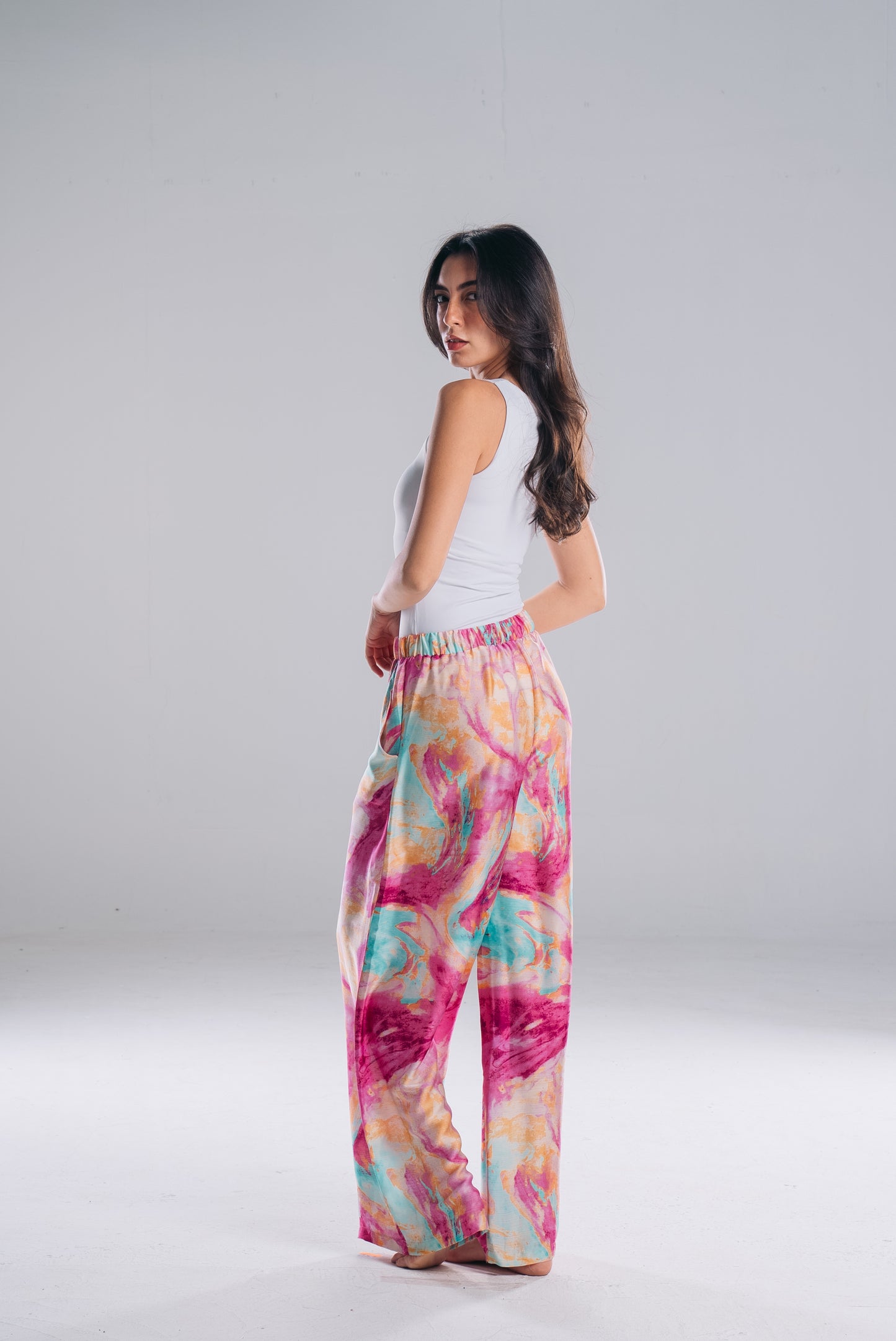 Satin Straight Fit Pants in Color Burst