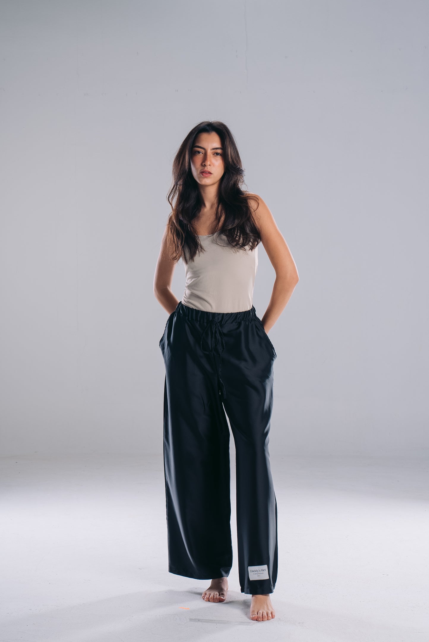 Satin Straight Fit Pants in Black