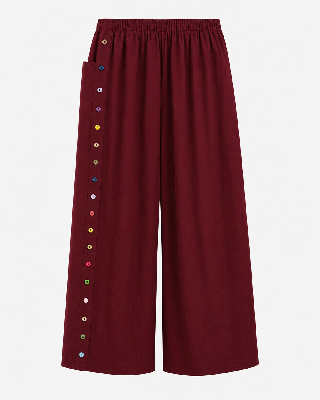 Button Detail Wide-Leg Trousers in Burgundy