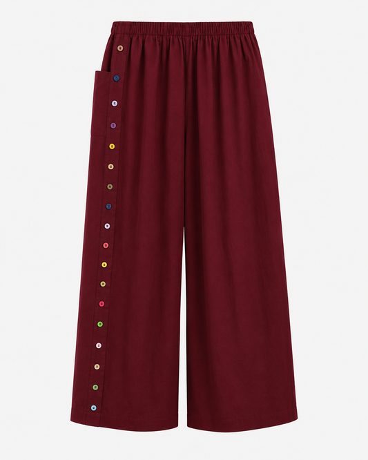 Button Detail Wide-Leg Trousers in Burgundy