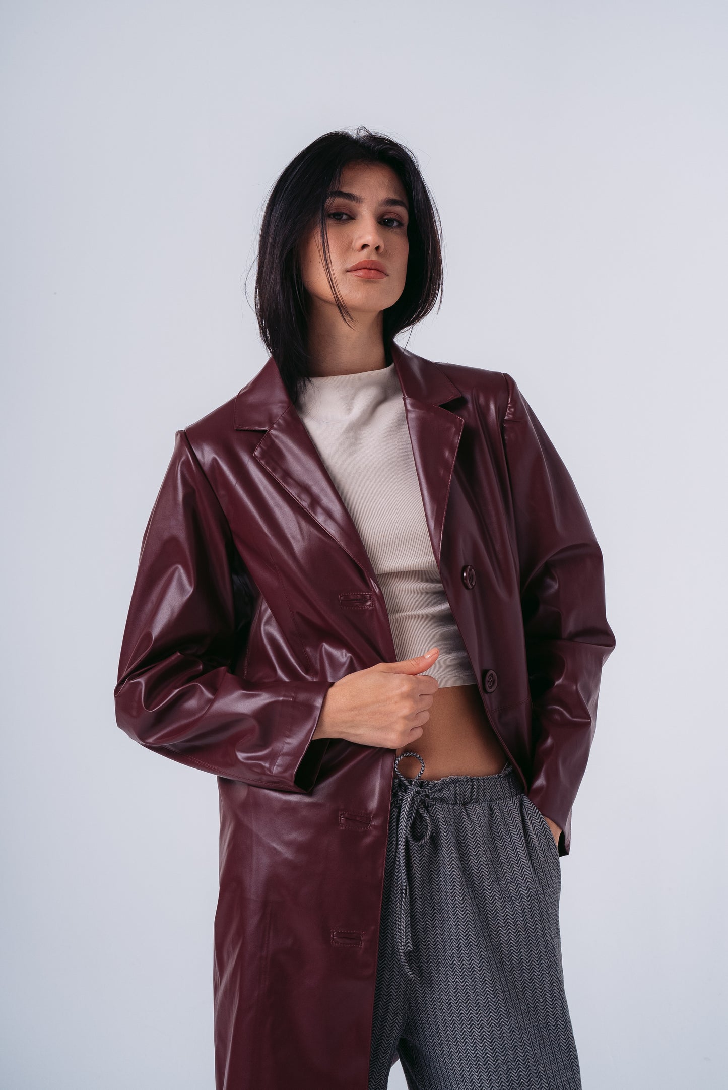 Leather Coat in Burgundy