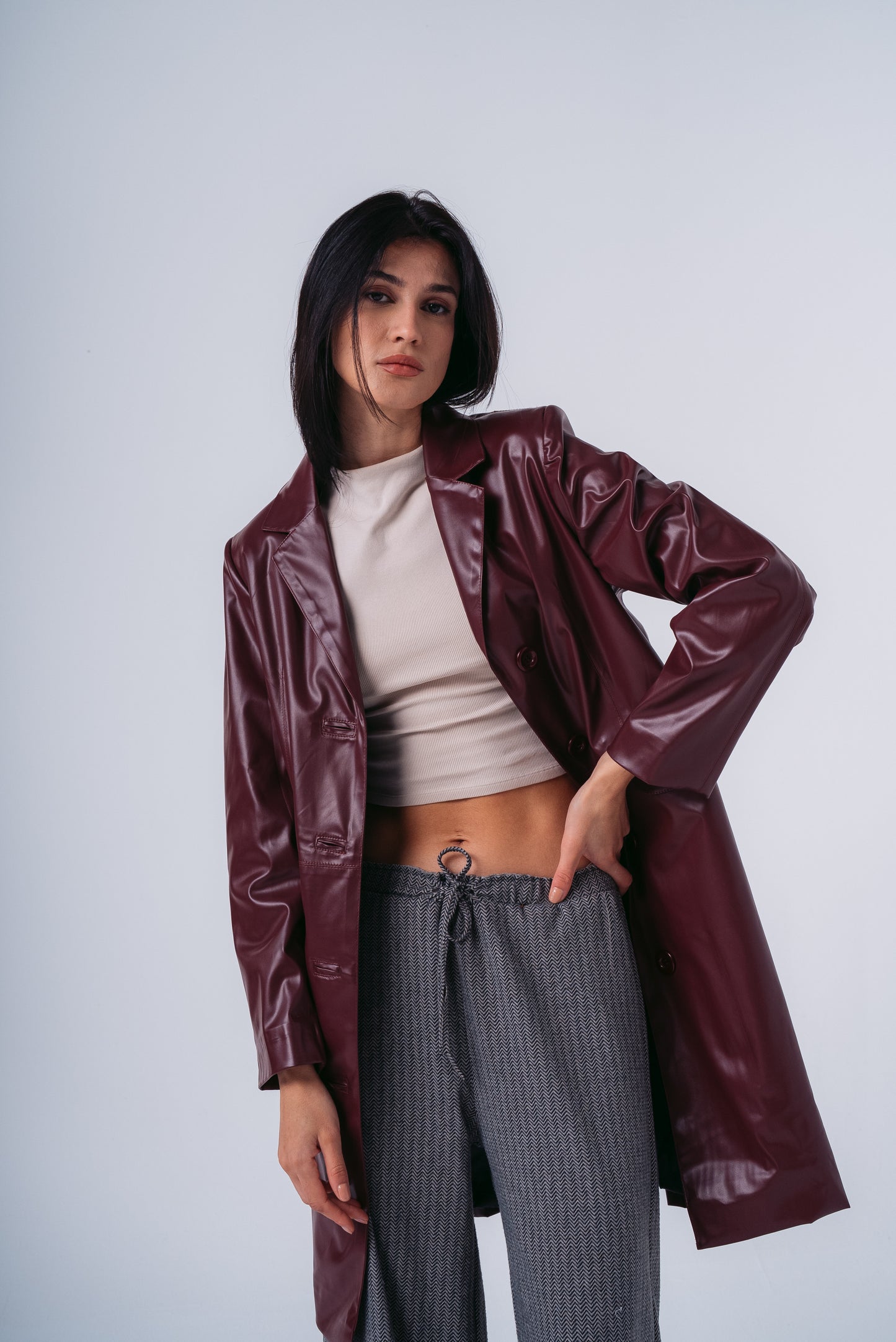 Leather Coat in Burgundy