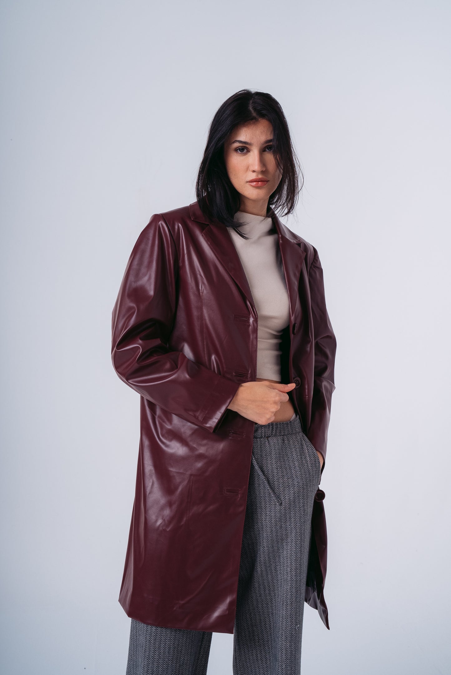 Leather Coat in Burgundy