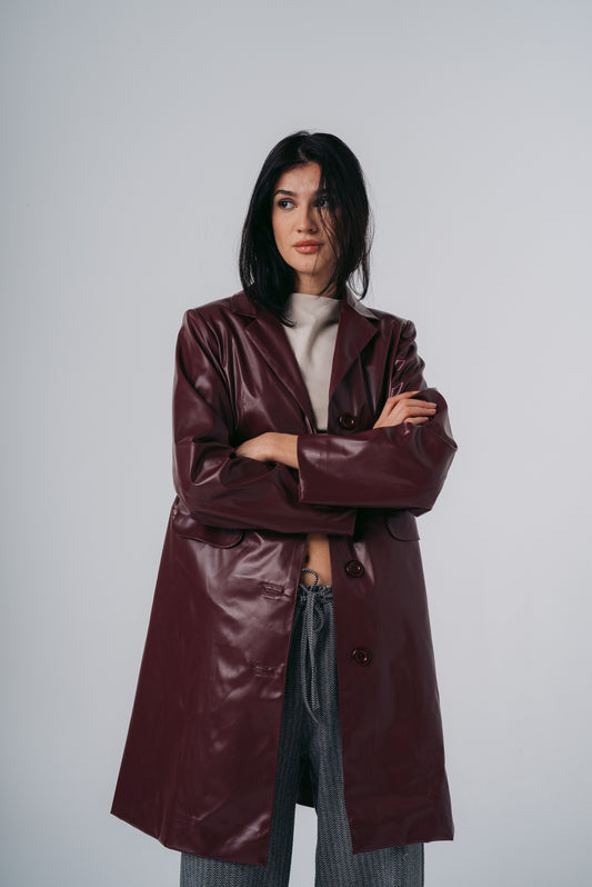 Leather Coat in Burgundy