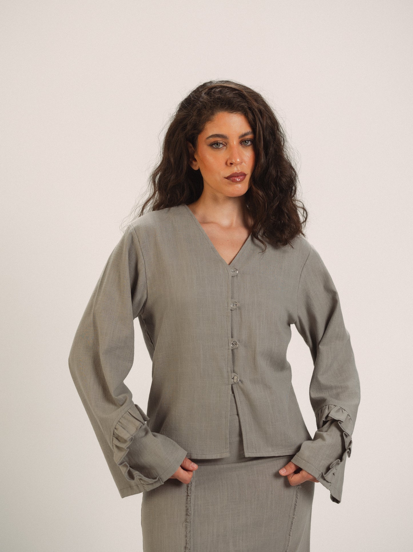 Ruffled Sleeve Buttoned Top in Grey