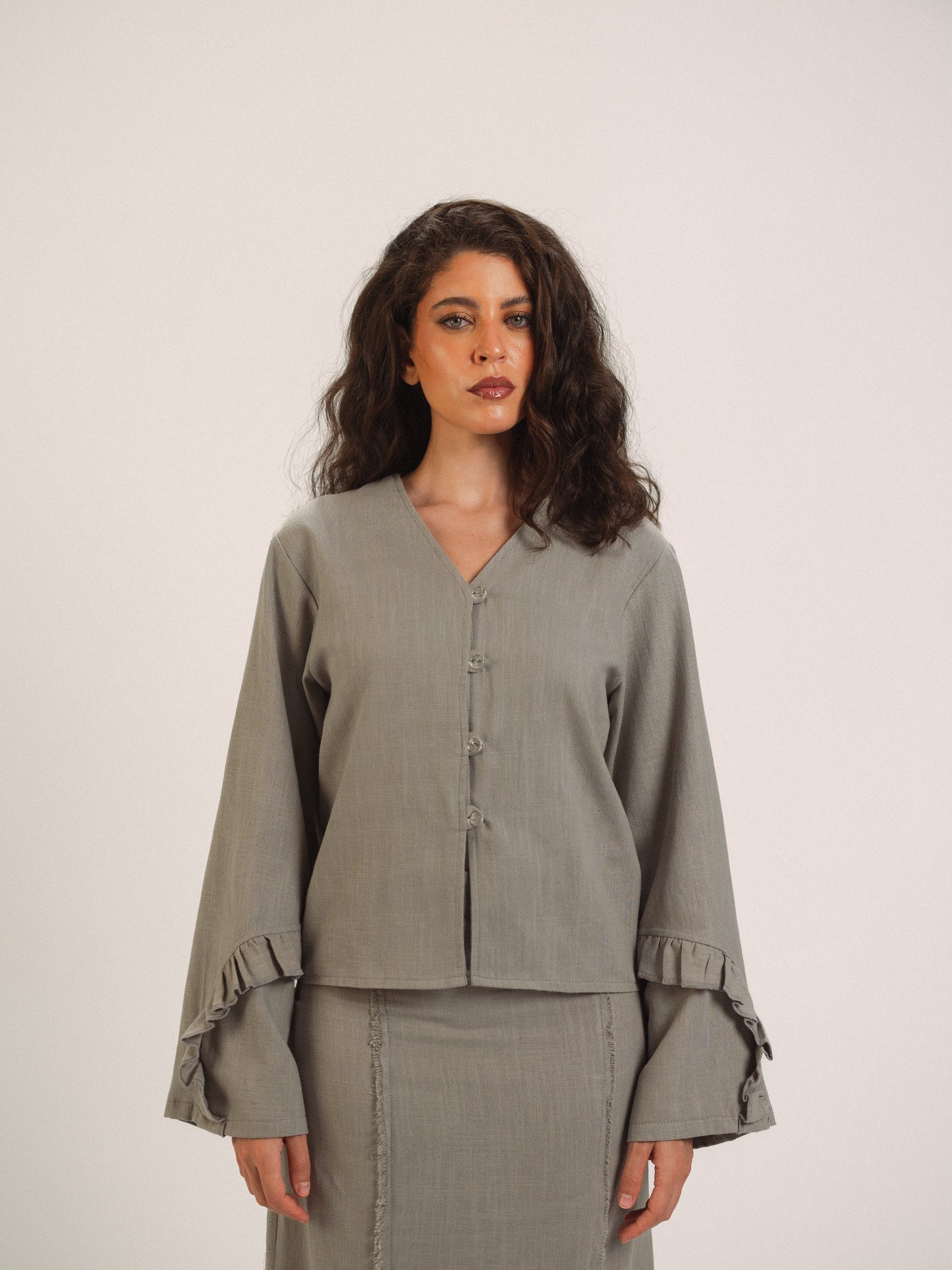 Ruffled Sleeve Buttoned Top in Grey