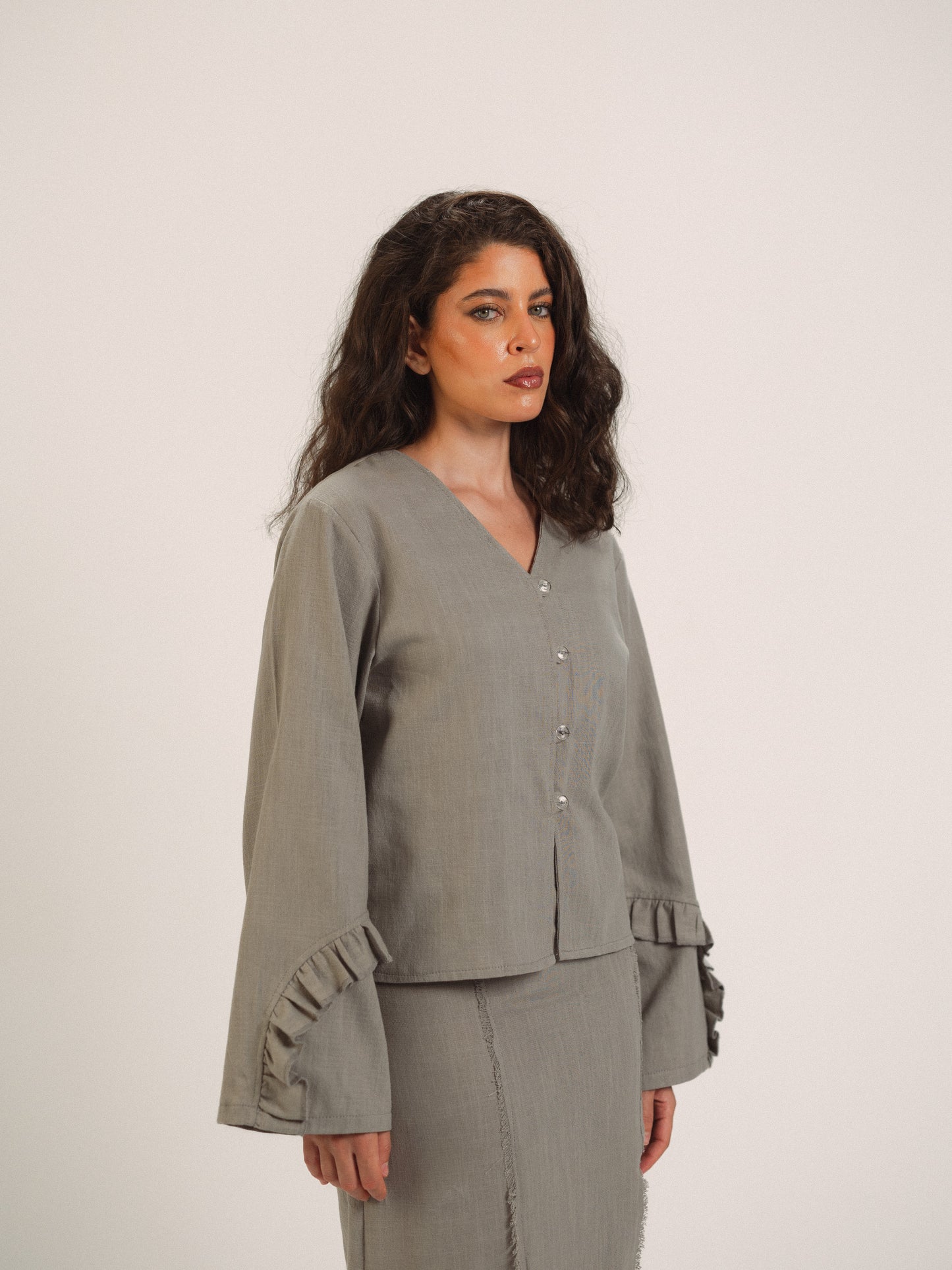 Ruffled Sleeve Buttoned Top in Grey